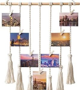 Boho Macrame Photo Display with Wood Clips