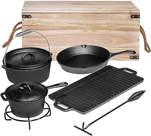 Bruntmor Camping Cooking Set: Pre Seasoned Cast Iron Dutch Oven