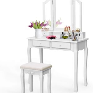 Giantex White Vanity Set with Mirror and Drawers