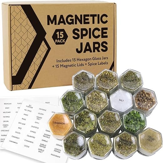 Hexagonal Glass Magnetic Spice Jars - 15 Pack