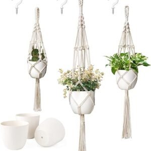 Ivory Macrame Plant Hangers with Plastic Planters