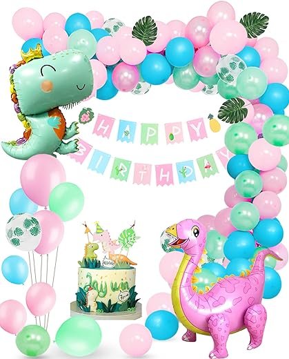 Pink Dinosaur Party Supplies with Standing Balloons