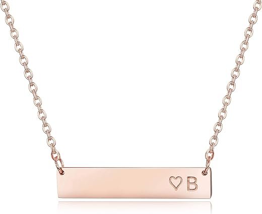 Rose Gold Initial Heart Bar Necklace